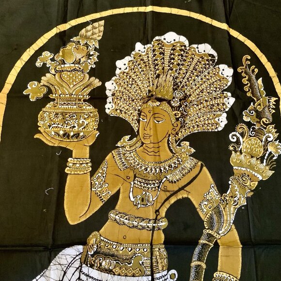 Vintage Batik Tapestry – Hindu Goddess & Attendants – Gold on Brown 30” x 45” - Picture 2 of 12